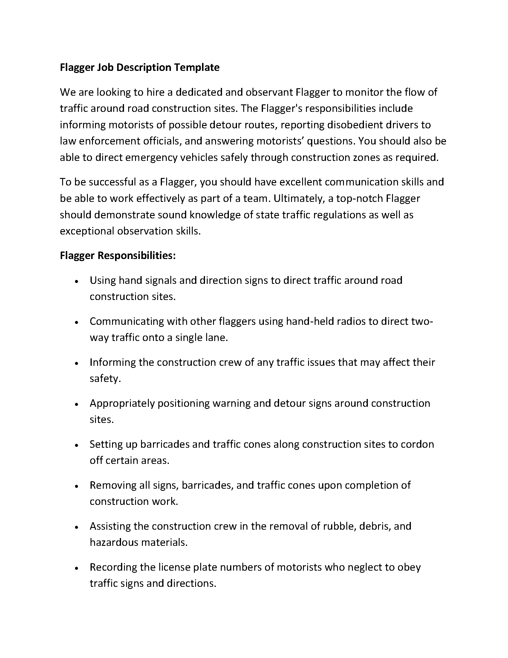 Flagger Job Description Template